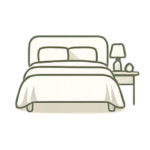 Illustration of a neatly made bed with white linens and a nightstand with a lamp to the right