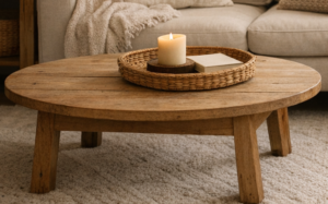Round wooden coffee table on a beige carpet with a wicker tray holding a lit candle and a small book; cozy living room setting