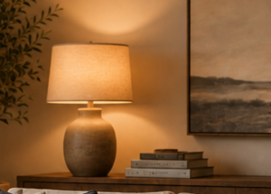 Cozy desk scene with a warm-lit ceramic lamp, a stack of books, and a framed landscape painting on the wall.