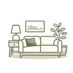 Illustrated living room with a sofa, end table and lamp, framed ship artwork, and a tall potted plant.