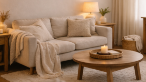 Cozy living room with a beige sofa, knitted throws, and a lit candle on a round wooden coffee table.