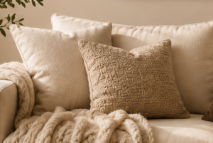 Cozy beige living room scene with a chunky knitted cream throw draped over a sofa and textured pillows nearby.