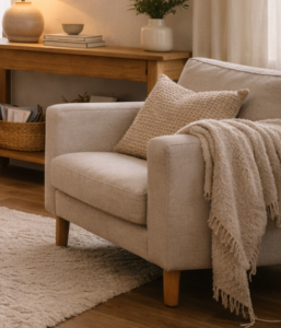 Beige armchair with a knitted pillow and fringed throw in a cozy living room with a wooden console table in the background.