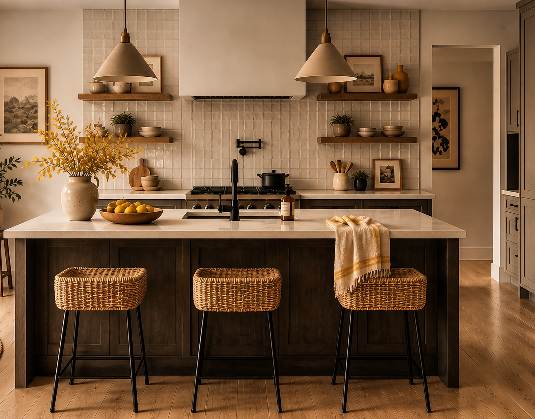 Modern kitchen with a large island, pendant lights, and woven bar stools in warm neutral tones, Sunlit and inviting.