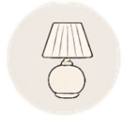 Line drawing of a table lamp with a round base and a pleated lampshade