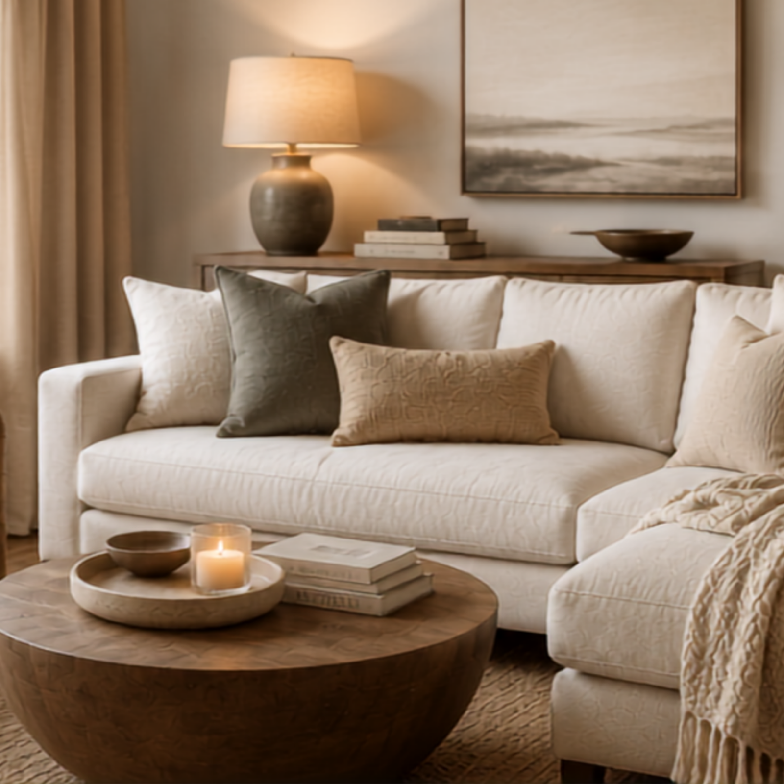 Cozy beige living room with a sectional sofa, neutral cushions, and a round wooden coffee table with candles.