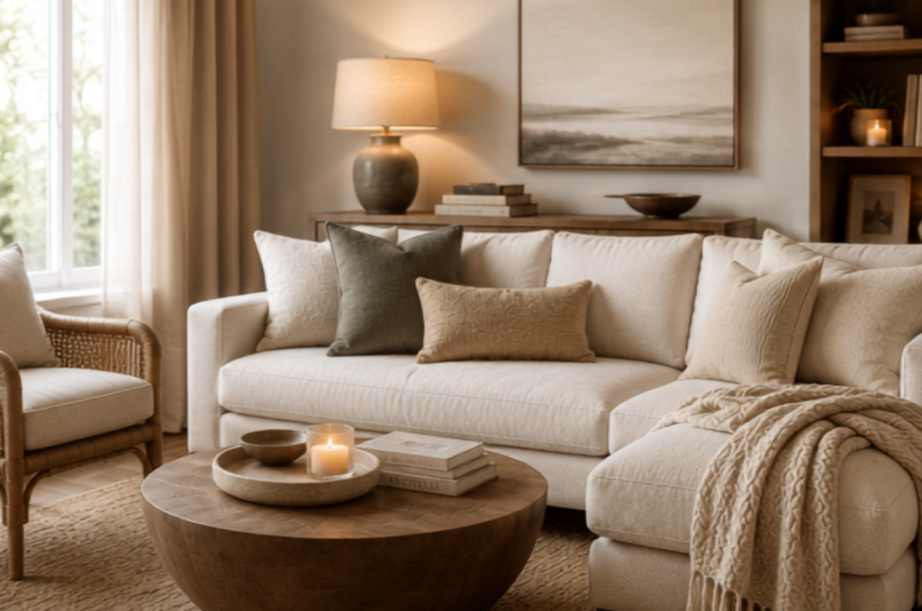Cozy living room with beige sofa, neutral cushions, and a large wooden coffee table by a side lamp. Candles glow on the table.