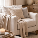 Cozy beige living room with a cream sofa, knit throw, and neutral cushions; candle and books on a woven tray in the foreground.