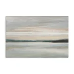 Soft, pastel coastal landscape painting with calm water and a distant, dark shoreline at the horizon.