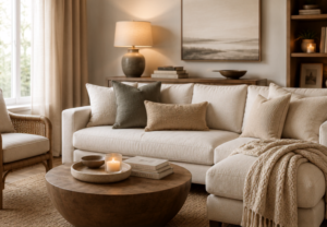 Cozy living room with a beige sofa, neutral pillows, a round wooden coffee table, and lit candles.