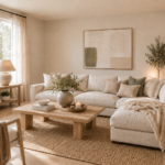 Bright living room with a beige sectional sofa, wooden coffee table, and plants; natural light from a large window.