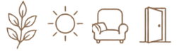 Leaf sprig, sun icon, armchair, and open door in a row.
