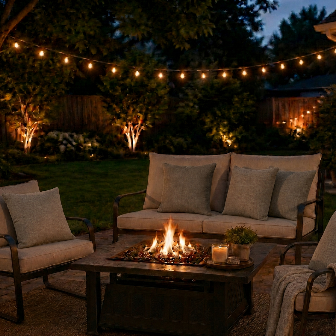 Outdoor backyard seating area at dusk with a lit fire pit and string lights above, beige cushioned chairs and pillows nearby