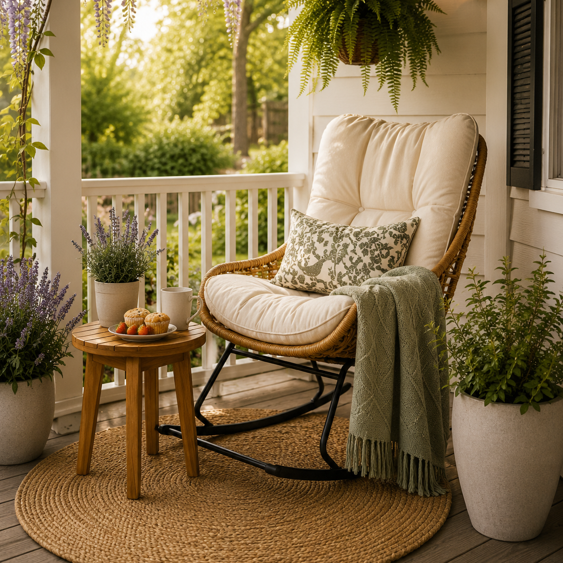 Wicker rocking chair with cream cushion and green decorative pillow on a sunlit porch, beside a small wooden table with muffins and a mug.