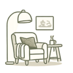 Cozy living room corner with an armchair, tall lamp, framed artwork, and a side table with a bottle and glass.