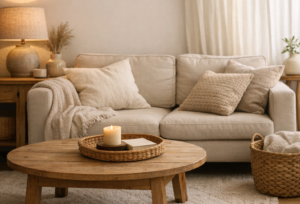 Cozy neutral living room with beige sofa, wood coffee table, and soft throw blankets; a lit candle rests on a woven tray.
