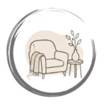Cozy illustration of an armchair with a throw blanket and a side table with a vase and plant inside a circular brush-stroke frame.