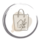 Paper tote bag with a house and plant logo, centered inside a circular brush-stroke design.