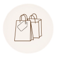Two paper shopping bags, one with a heart, set against a light beige circular background.