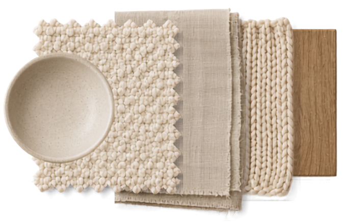 Linen, cotton, wood